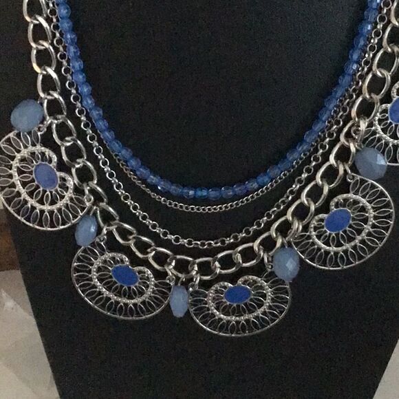 Charming Charlie Blue Mediu 4 layered necklace blue beads and silver tone chain - Picture 2 of 5
